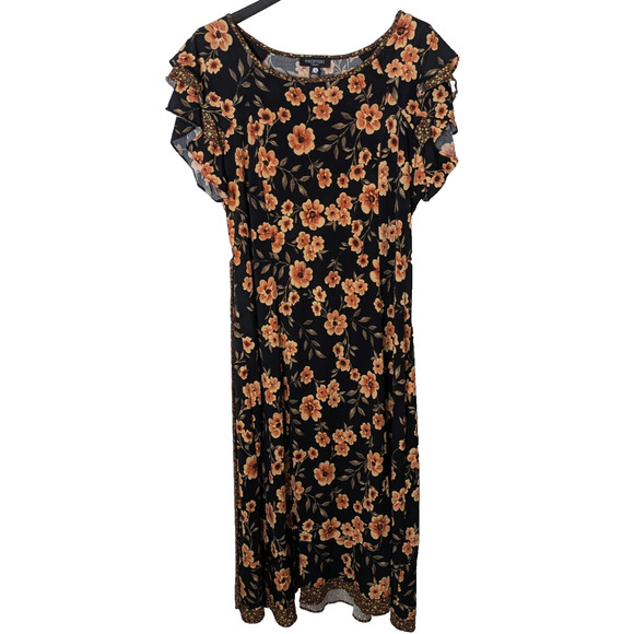Perceptions Womens Dress Black Floral 1X Short Sleeve Belted - Picture 3 of 9